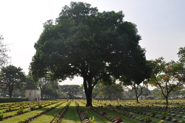 Le file di lapidi del cimitero di guerra di Kanchanaburi